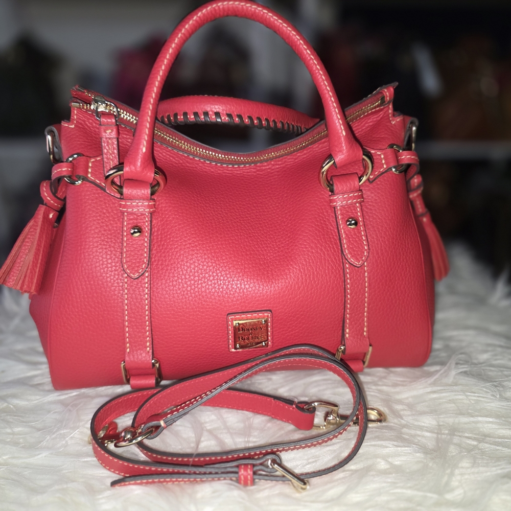 Dooney & Bourke Coral-Red Pebbled Leather Satchel with Tassel